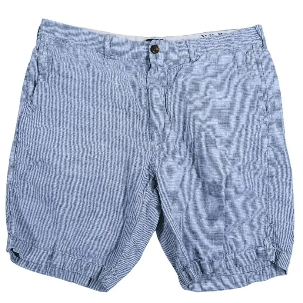 J. CREW Mens 100% Linen Shorts Size 35 Blue White Pinstripe Coastal Preppy Beach